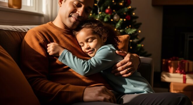Asian man hugging his happy biracial daughter on a sofa in a cozy living room decorated for Christmas. Holiday family bond. Joyful Christmas.