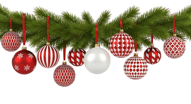 Christmas tree branch with red and white ornaments isolated on transparent background