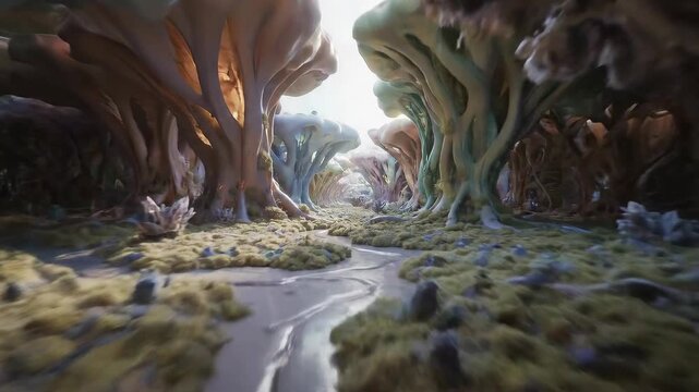 A surreal alien forest landscape with strange organic trees lining a winding path and stream illuminated by ethereal sunlight
