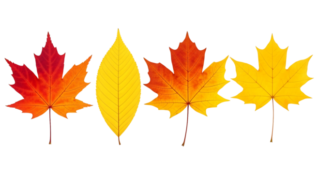 Four colorful autumn leaves isolated on transparent background - Powered by Adobe