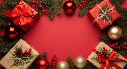 Festive Presents and Decorations: Vibrant scene of wrapped presents, festive ornaments, and lush greenery, all arranged artfully against a radiant red backdrop.