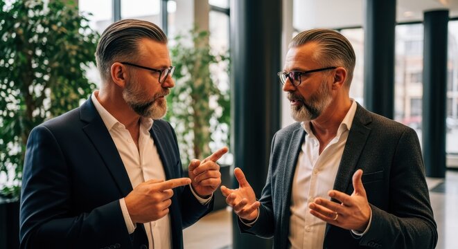 Business Discussion: Two smartly dressed men engage in a lively conversation, possibly strategizing or brainstorming, within a modern, architectural space.