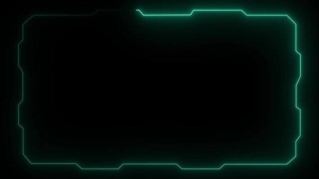 Futuristic cyan neon geometric frame overlay on black background abstract digital technology. Futuristic neon frame with glowing lines. Digital interface reflects tech and innovation.4k video..