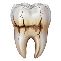 Illustration of a severely cracked and decayed human molar tooth isolated on transparent background