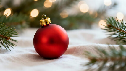 Red Christmas ornament on white fabric with pine branches