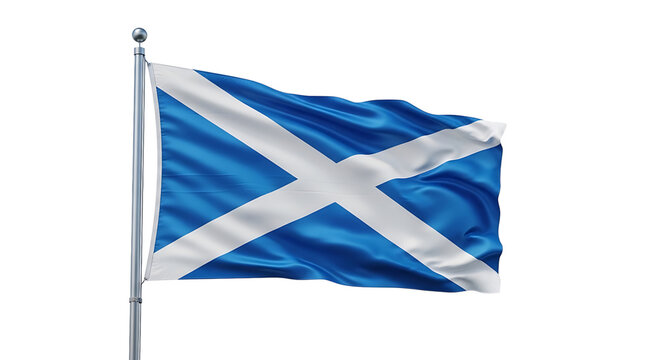 Scottish flag waving on a flagpole isolated on transparent background