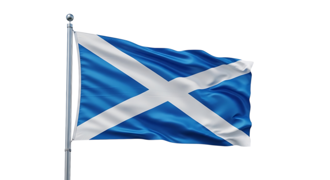 Scottish flag waving on a flagpole isolated on transparent background