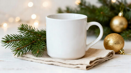 White mug with pine branches and gold ornaments for Christmas