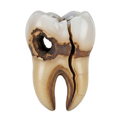 Severely decayed and cracked human molar tooth isolated on transparent background