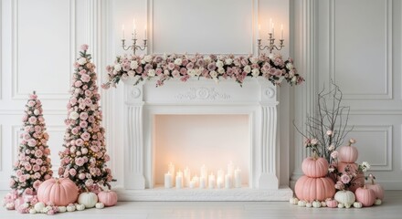 Naklejka premium Elegant fireplace decoration: a white fireplace is adorned with soft pink flowers, pumpkin, and a lit candles creates a cozy and inviting ambiance.