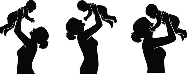 Silhouette Icon of Mother Lifting Baby in Loving Gesture