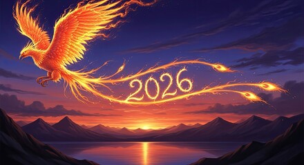 Majestic Phoenix Soars Across the Sunset Sky Leaving a Trail of Glittering Numbers 2026