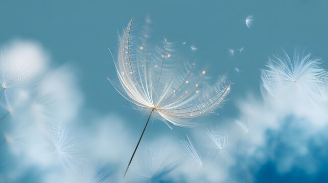 Dandelion Seed Floating in Blue Sky with Clouds fluff