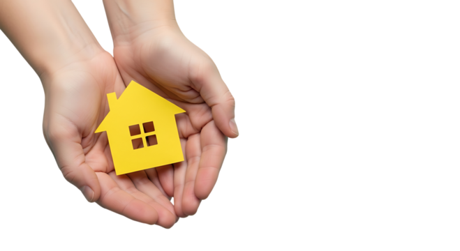 Hands holding a small yellow house cutout isolated on transparent background - Powered by Adobe