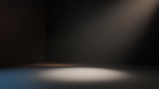 Empty dark stage illuminated by dramatic cinematic spotlights, creating a focused presentation platform on a studio background