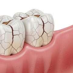 Detailed 3d rendering of severely cracked and damaged teeth in a mouth isolated on transparent background