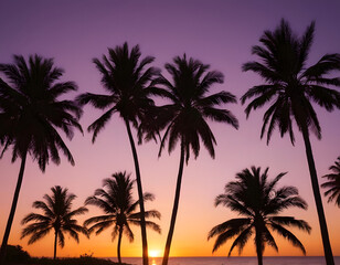 palm tree silhouette at sunset. Silhouette of palm trees at tropical sunrise or sunset