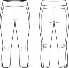 Cropped pants technical sketch, mid-rise fitted design, back yoke and pocket illustration, casual garment template, apparel construction vector, fashion flat drawing
