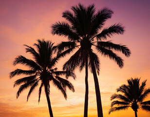Obraz premium palm tree silhouette at sunset. Silhouette of palm trees at tropical sunrise or sunset