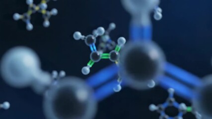 Abstract 3d rendering of complex molecules with visible atoms and bonds floating in a dark blue digital space - Powered by Adobe