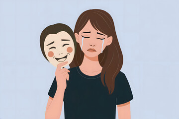 Fototapeta premium Young Woman Crying While Holding a Smiling Mask – Color Illustration of Hidden Emotions and the Pain Behind a Happy Facade