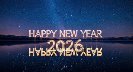Sparkling Happy New Year 2026 Celebration Over Reflective Water Under Starry Night Sky