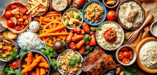 Fototapeta premium A vibrant spread of diverse foods, showcasing various cuisines and textures, vegetables, feast