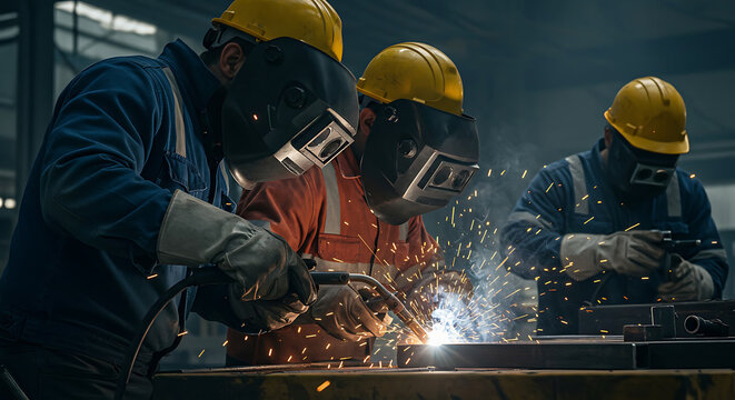 Three workers welding metal parts in industrial workshop with sparks