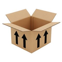 Open cardboard shipping box with upward arrows isolated on transparent background