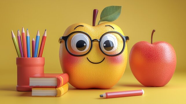 Smiling apple with books and pencils, educational concept, 3D render, still life