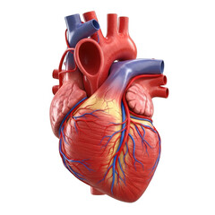 Detailed anatomical illustration of the human heart with major arteries and veins isolated on transparent background