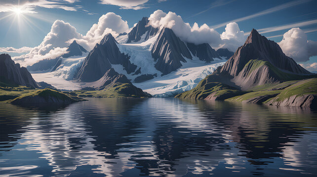 Dramatic mountain range with a glacier and reflective lake under a cloudy sky