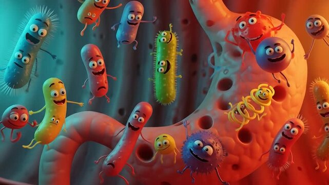 Friendly Gut Bacteria Animated Inside Stomach Healthy Digestive System Health Concept.