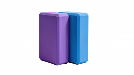 Studio shot presenting two yoga blocks in striking purple and vibrant blue colors on display