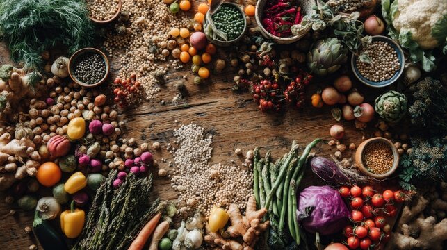 Assorted fresh vegetables and pulses arranged on rustic wooden table, Planetary health diet, ecology, sustainability