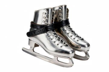 Studio shot of silver figure skates, showcasing the elegance and precision of ice skating equipment