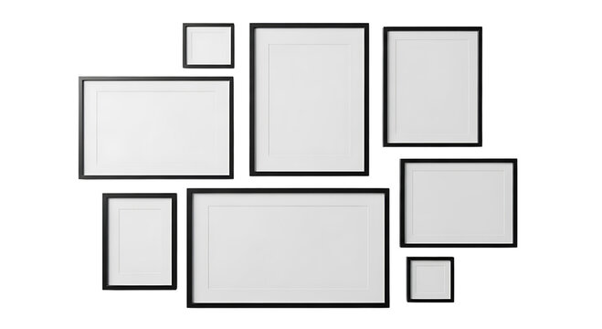 A collection of empty picture frames of various sizes and orientations, isolated on transparent background