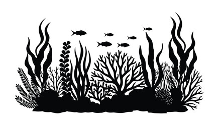 Black and white illustration of a coral reef ecosystem with several fish