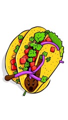 Delicious taco in cartoon style, vibrant colors, white background,  vibrant, taco