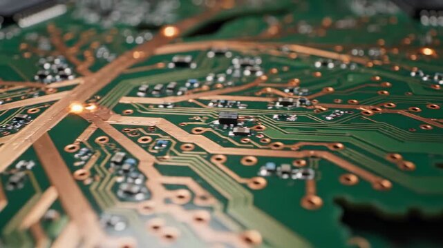 Close-up of a green printed circuit board with intricate copper pathways and electronic components.