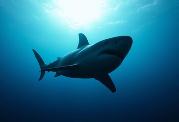 Fototapeta premium Dramatic dark shark silhouette gliding through ocean waters, powerful predator profile against sunlit surface, mysterious marine life concept, wild animal, freedom