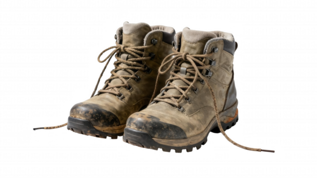 Well-worn hiking boots, a testament to adventure and the rugged trails they've conquered outdoors