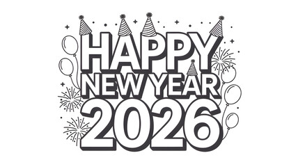Happy New Year 2026 Outline Design with Party Elements
