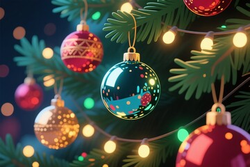 Festive ornaments hanging on a Christmas tree, reflecting the twinkling lights.