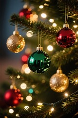 Festive ornaments hanging on a Christmas tree, reflecting the twinkling lights.