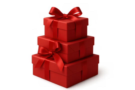 Stack of red gift boxes with ribbons, symbolizing presents, celebration, holidays, and birthday surprises on a transparent background