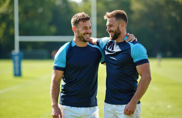 Two young male rugby players smile, embrace on green athletic field. Share happy moment outdoors, celebrating strong connection, friendship. Teammates show great team spirit after competitive game