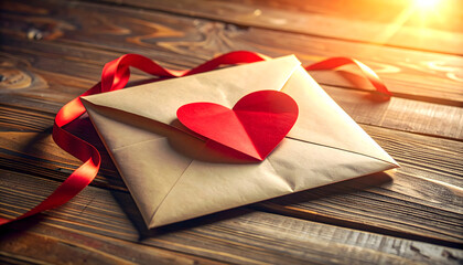envelope with heart on the wooden background, happy valentines day
