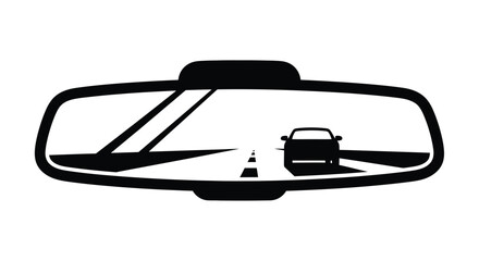 Black and white illustration of a car s rearview mirror and road