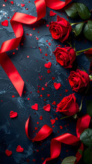 red rose petals and hearts confetti on dark stone background, happy valentines day backdrop with copy space
